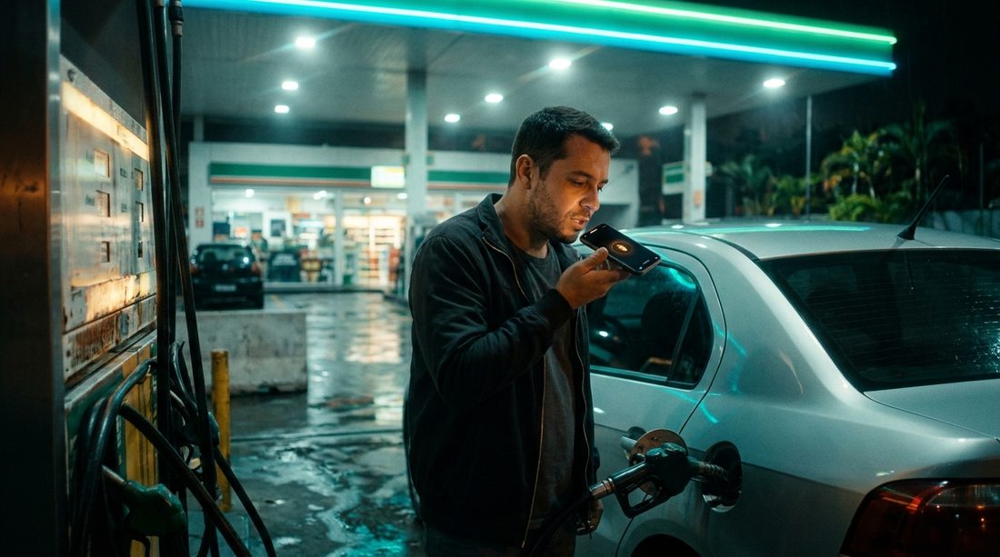 Motorista no posto de combustível falando com o celular
