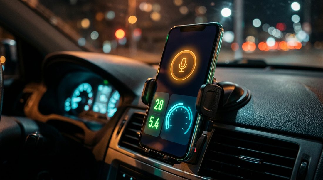 Celular no suporte do painel do carro com o microfone âmbar do RodarTec aceso